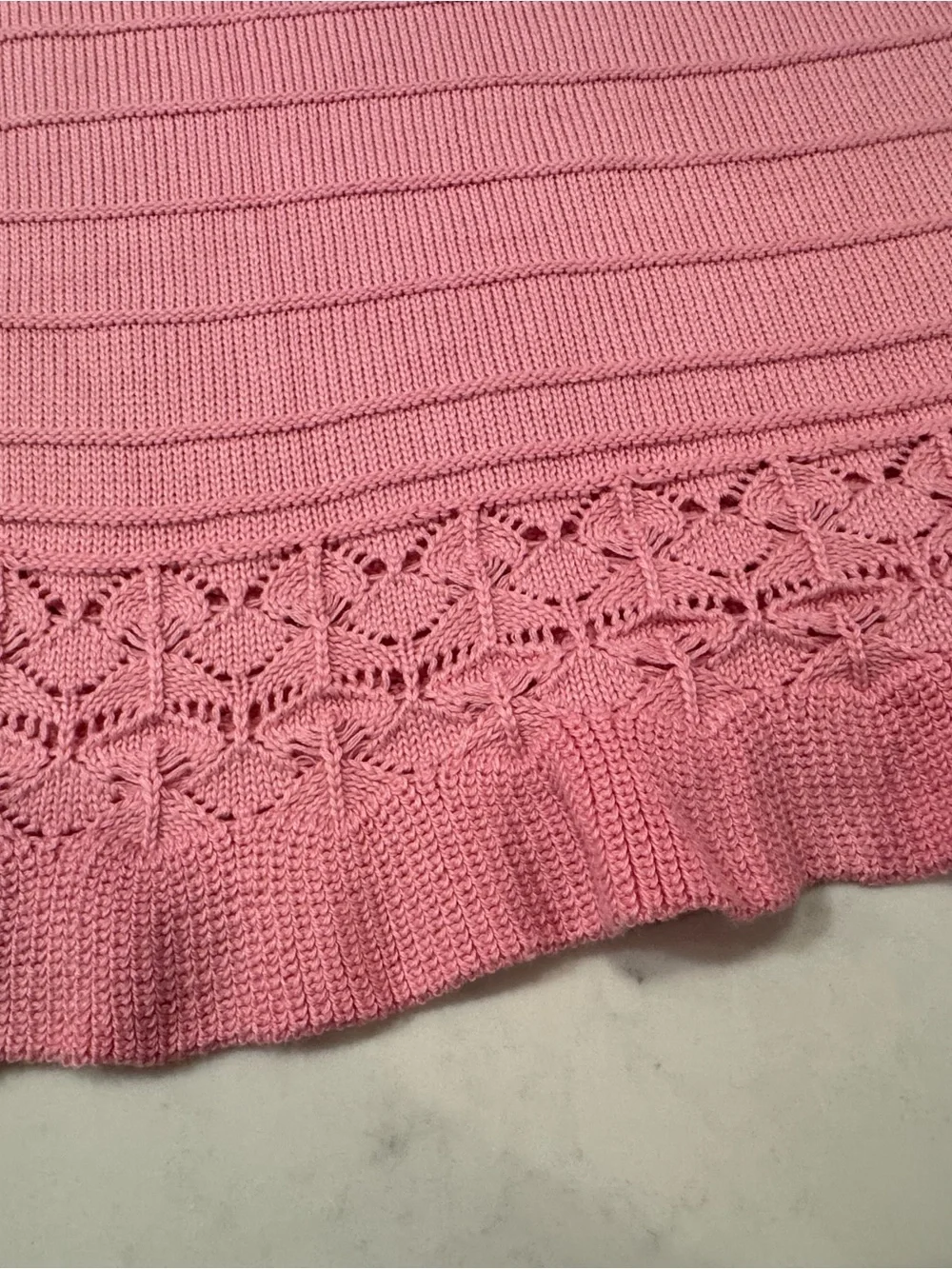 Women's Pink Knit Short-Sleeve Sweater with Lace-Trim Hem - Picture 2 of 9
